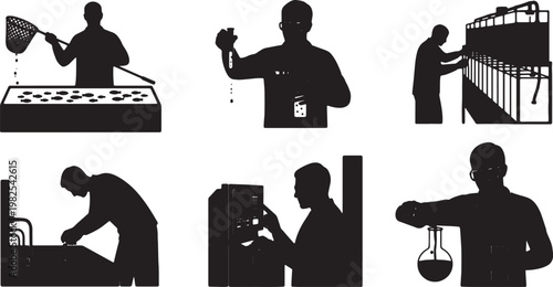 Black Solid Indoor Fish Hatchery Technician Silhouettes Set of Six on White Background
