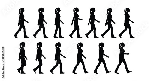Silhouette collection of a young woman showing various stages of a casual walking motion in sequence