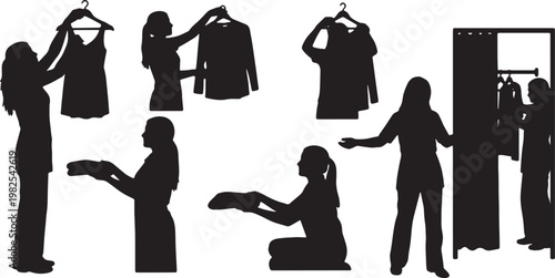 Black Solid Indoor Fitting Room Attendant Silhouettes Set of Six on White Background