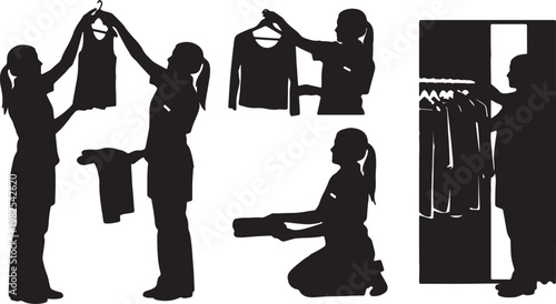 Black Solid Indoor Fitting Room Attendant Silhouettes Set of Six on White Background