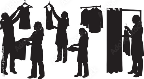 Black Solid Indoor Fitting Room Attendant Silhouettes Set of Six on White Background