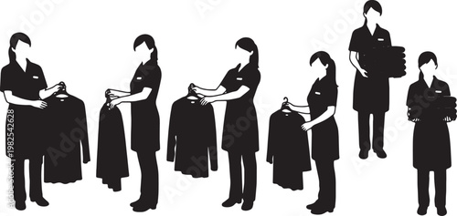 Black Solid Indoor Fitting Room Attendant Silhouettes Set of Six on White Background