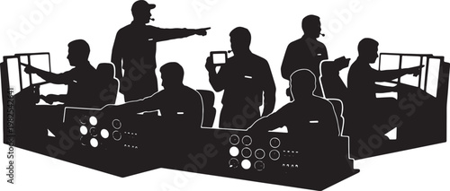Black Solid Indoor Flight Simulator Instructor Silhouettes Set of Six on White Background