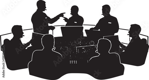 Black Solid Indoor Flight Simulator Instructor Silhouettes Set of Six on White Background