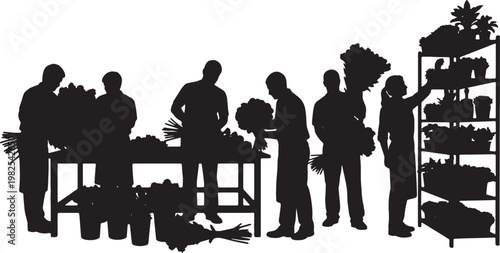 Black Solid Indoor Greenhouse Florist Silhouettes Set of Six on White Background