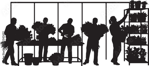 Black Solid Indoor Greenhouse Florist Silhouettes Set of Six on White Background