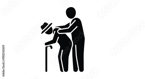 Caregiver providing compassionate support to an elderly person walking with a cane in a clinical setting
