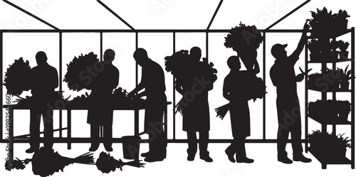 Black Solid Indoor Greenhouse Florist Silhouettes Set of Six on White Background