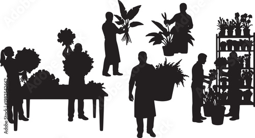 Black Solid Indoor Greenhouse Florist Silhouettes Set of Six on White Background