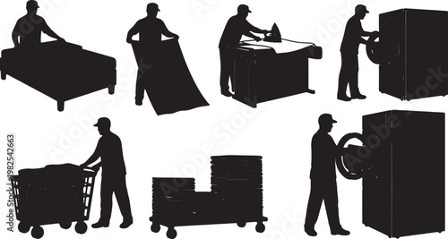 Black Solid Indoor Hotel Laundry Staff Silhouettes Set of Six on White Background