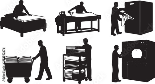 Black Solid Indoor Hotel Laundry Staff Silhouettes Set of Six on White Background
