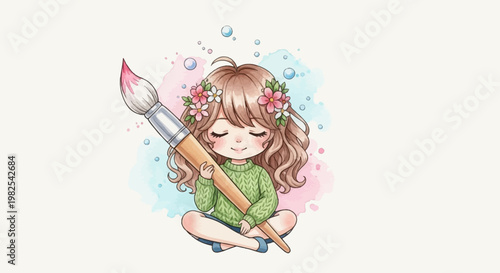 Sweet chibi painter in green knit sweater with oversized brush