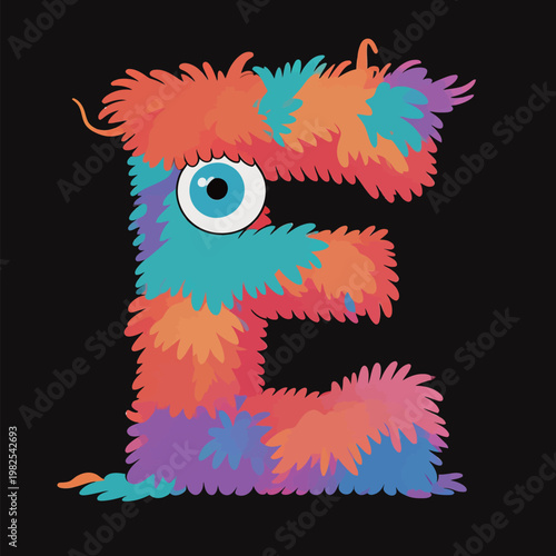 Colorful Furry Letter E with Eyeball Illustration