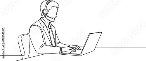 Continuous line drawing Businessman wearing headset, working on laptop, office worker vector, customer support, call center
