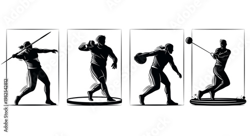 Athlete throwing javelin shot put discus and hammer in motion black silhouette vector illustrations