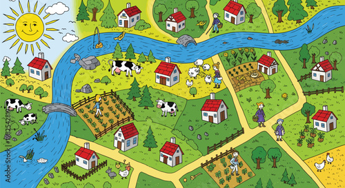 A vibrant and peaceful illustration of a rural village with a winding river and lush green landscape