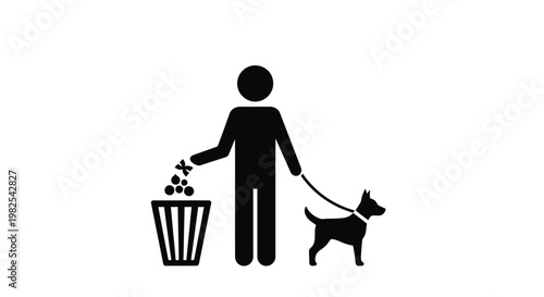 Black silhouette icon of a person with a dog on a leash disposing pet waste into a trash can.