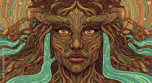 A vibrant illustration of a mystical woman with intricate, swirling patterns and colors