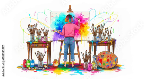 Detailed digital painting of female artist with multi colored hair