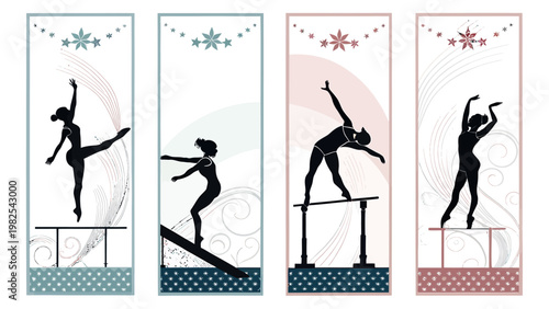 Four gymnast silhouettes in various poses on balance beams with colorful backgrounds and decorative elements