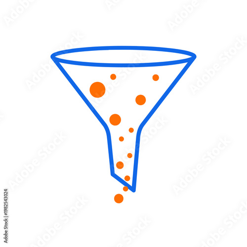 Abstract funnel icon with floating orange circles on white background.