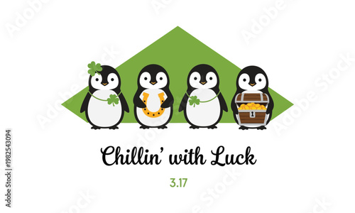 Chillin' with luck four adorable penguins in festive outfits against a green triangle background