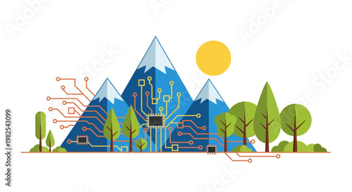 Graphic illustration of blue mountains.