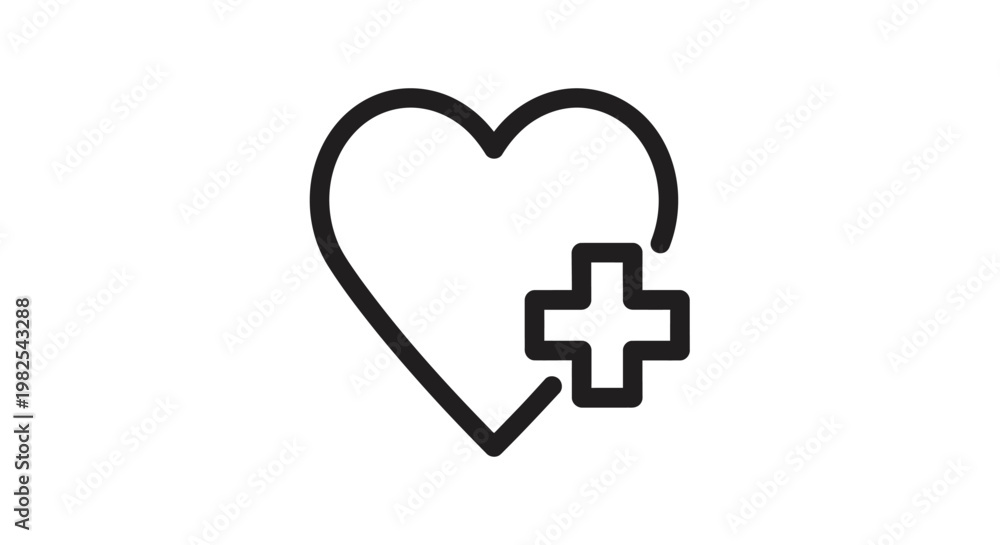 Fototapeta premium Line art vector icon featuring a heart shape combined with a plus symbol for health benefits