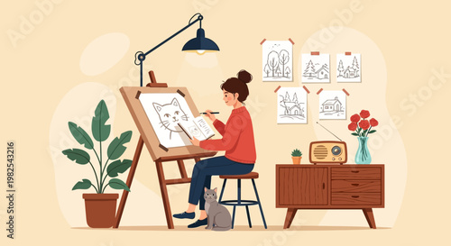 Female artist sketching cute cat at night in home studio