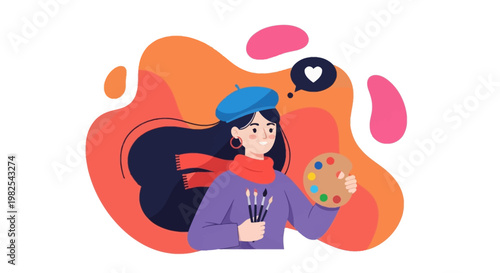 Creative girl painter dreaming of art and love illustration