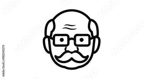 Simple black and white line art icon showing a senior man with a bushy mustache glasses
