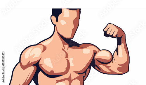 Close up bodybuilder flexing biceps flat vector illustration isolated on white background muscular fitness concept
