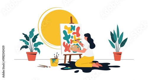 Minimalist studio scene with painter working on black splash rug