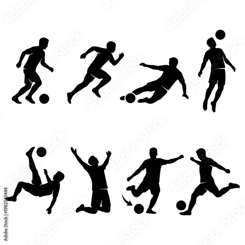 Silhouette of soccer players in various actions on white background