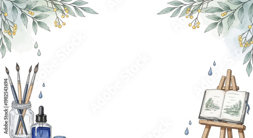 Minimalist watercolor atelier border for world art day invitation