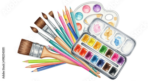Symphony of artist brushes and watercolor palette on white background