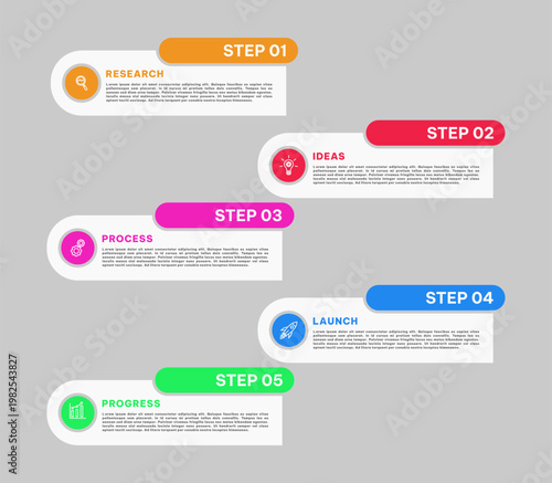 5 Steps Infographic with Colorful Tabs and Flat Icons. Simple infographic template