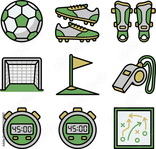 Soccer equipment and accessories icons including ball, Cleats, Shin guards, Goal, Flag, Whistle, Stopwatch, And tactics board