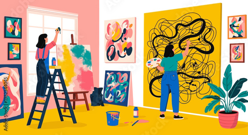 Collaborative creativity with female painters creating wall art