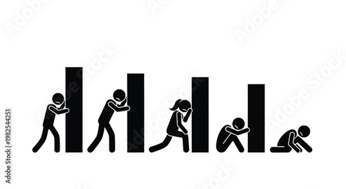 Stick figures illustrating a progression of overwhelming pressure and mental health decline leading to despair
