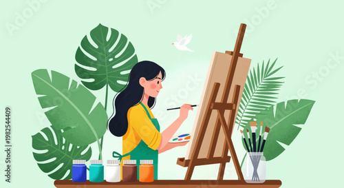 Botanical artist creating nature artwork with brushes and jars