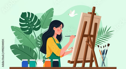Serene studio scene of girl painting green leaves with bird