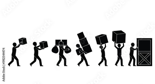 A row of various worker silhouettes wearing hard hats, actively engaged in moving different sized boxes and goods