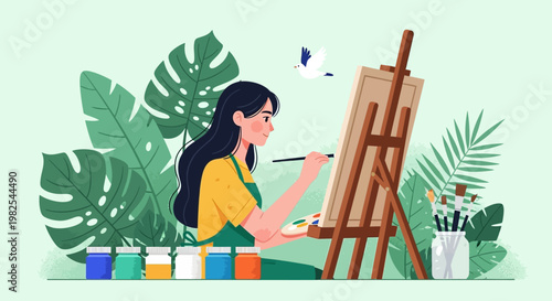 Flat vector illustration of female painter working on easel
