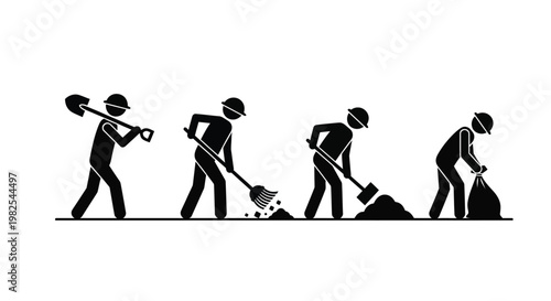 An illustration of workers in hard hats performing manual labor tasks such as digging, sweeping, and bagging