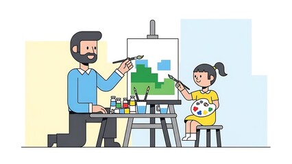 Father and daughter painting together on a sunny day indoors
