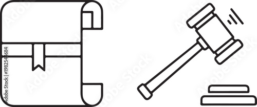 Justice and Law icons with scroll and gavel during legal proceedings Isolated on white background