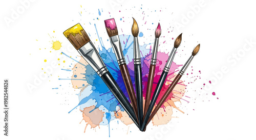 Vibrant cluster of artist brushes with blue and magenta splatters