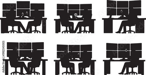 Black Solid Crypto Finance Multi Monitor Stream Silhouettes Set of Six on White Background