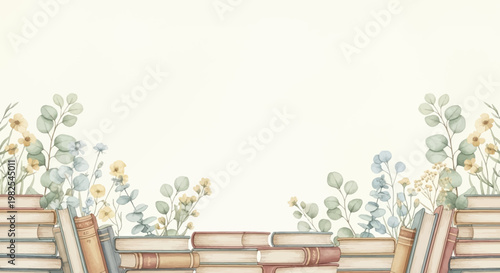 Horizontal watercolor border with antique books and lush green leaves